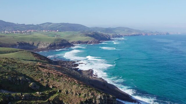 Panoramic Aerial Shot Of Green Coastal Landscape In Spain, Playa de Tagle