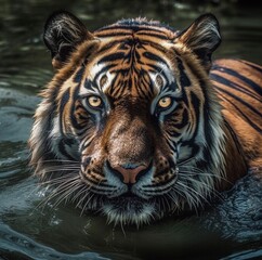 Tigre en el agua atento y mirando a la cámara