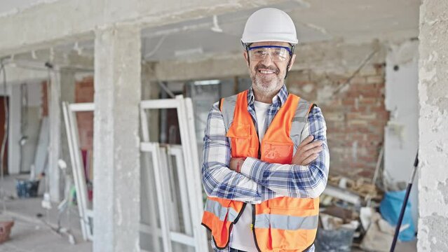 Middle age man builder smiling confident standing with arms crossed gesture at construction site