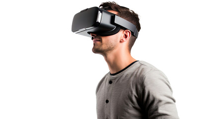 young man using virtual reality headset isolated on a transparent background, generative ai