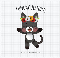 congratulations postcard. Cute kawaii happy black cat wearing colorful flower wreath on head. cartoon vector illustration