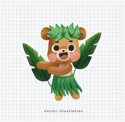 Summer vacation theme. Cute kawaii teddy bear dancing hawaiian hula in green grass wreath and skirt. cartoon vector illustration