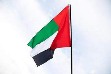 Waving fabric texture of the flag with color of United Arab Emirates, UAE real texture flag