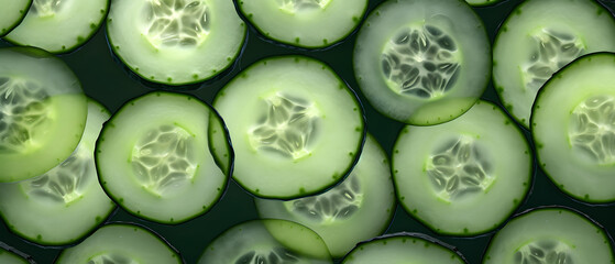 Cucumber Cross-Sections: A Pattern of Fresh cucumber slices lined up closely, showcasing the detailed patterns of seeds and the vibrant green freshness of this hydrating vegetable - obrazy, fototapety, plakaty