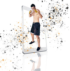 Portrait, fight and man with mobile app, training and guy isolated against a white studio background. Face, male fighter and athlete with smartphone, technology and practice for match and motivation