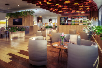 Interior of elegant, modern Restaurant with a Bar Area - Depht of Field 3D Visualization