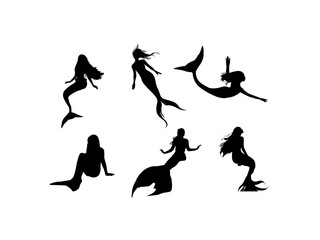 Mermaid silhouettes vector. Vector illustration. Silhouette of a mermaid collection in various poses vector illustration. Set of black mermaid silhouettes isolated on white background. 