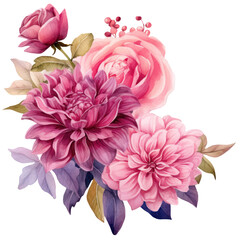 Illustration Bouquet of pink flowers, watercolor pink floral, rose, peony, dahlia, Isolated on transparent background. Generative AI