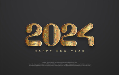 Happy New Year 2024 with luxury gold glitter numbers in the black background. Premium vector design for greetings and celebration of Happy New Year 2024.