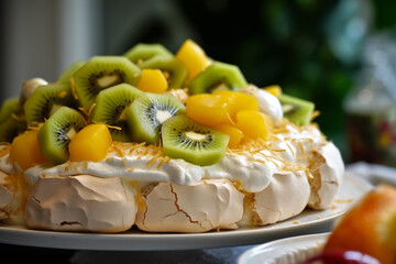 A traditional pavlova with cream, mango and kiwi fruit. An Australian cultural desert. generative AI