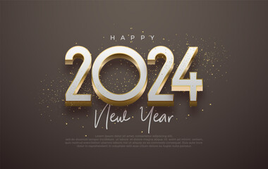 New Year 2024 with 3D Elegant. Shiny luxury gold in a black background. Premium vector design for greetings and celebration of Happy New Year 2024.