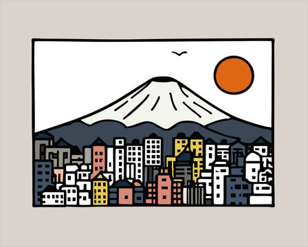 vector design, hand drawn, japan city with mount fuji background, linear style
