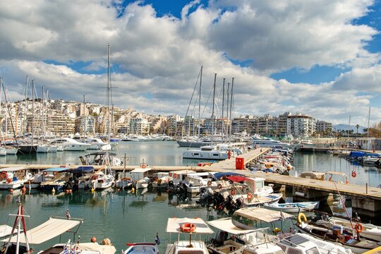 Boats, ships and promenade without people in Marina Zeas in Pireas, Athens, Greek, Europe