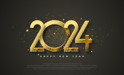 Happy New Year 2024 Golden Golden Assistance. With unique and luxurious numbers. Premium vector design for posters, banners, calendar and greetings. - obrazy, fototapety, plakaty
