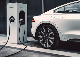 Fototapeta na wymiar Electric car charging from power plant