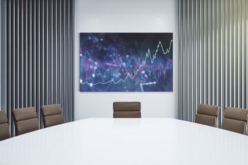 Abstract creative financial chart on presentation tv screen in a modern meeting room, research and strategy concept. 3D Rendering