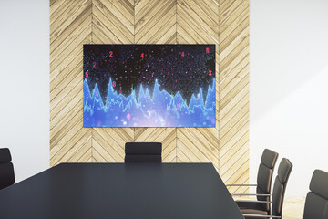 Abstract statistics data hologram interface on presentation monitor in a modern boardroom, computing and analytics concept. 3D Rendering