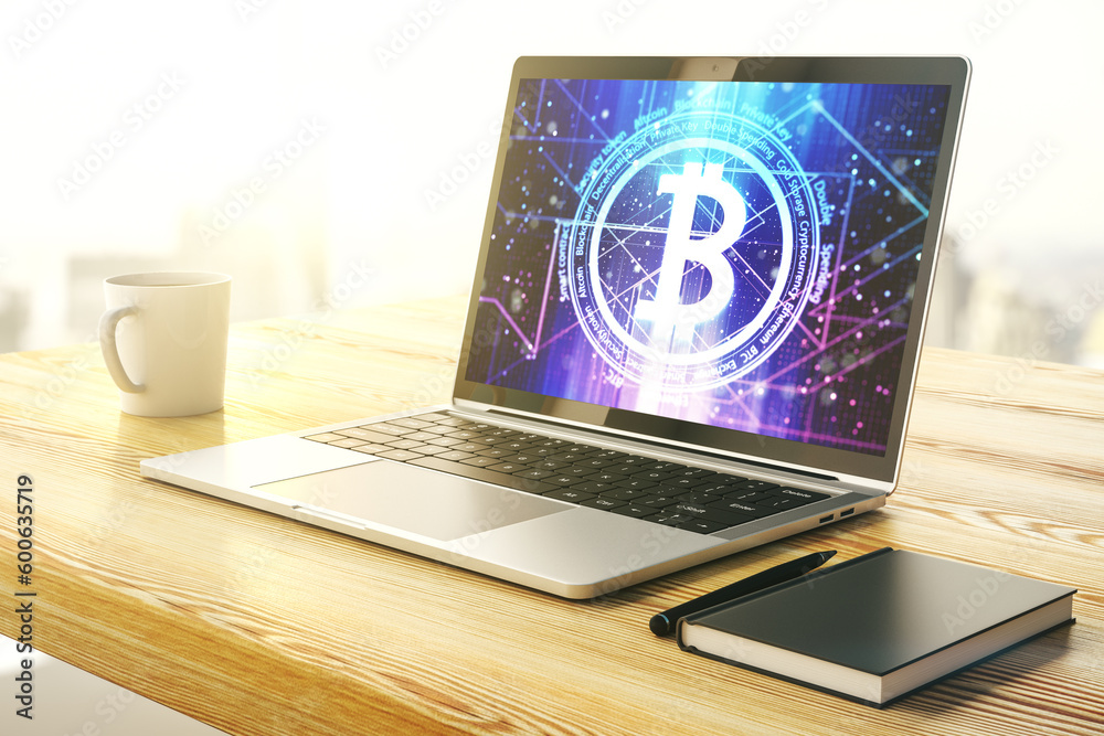 Poster creative bitcoin concept on modern computer monitor. 3d rendering