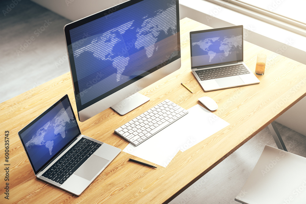 Aufkleber Modern computer monitor with abstract digital world map, research and strategy concept. 3D Rendering