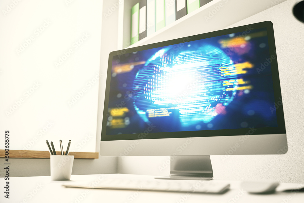Poster abstract creative coding illustration with world map on modern computer monitor, international softw