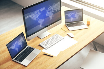 Modern computer monitor with abstract digital world map, research and strategy concept. 3D Rendering