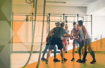 Hands stacked, fitness and people at gym for exercise, workout and training goals. Athlete men and women team happy together for challenge, motivation or strong community at club with mockup overlay