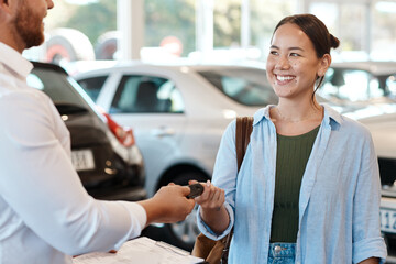Salesman giving car keys to woman for dealership, purchase and client success, partnership and...