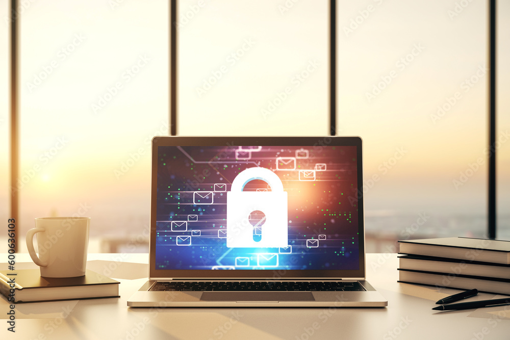 Leinwandbilder Modern computer monitor with creative lock hologram and email symbols. Information security concept. 3D Rendering