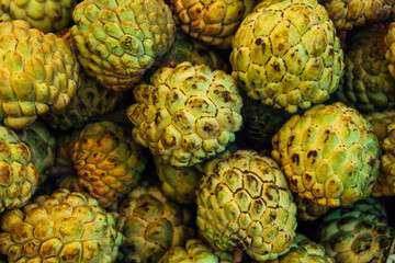 Fototapeta premium Lots of Sugar apple or custard apple in market, ripe exotic tropical fruits, healthy food, diet and vegetarian nutrition
