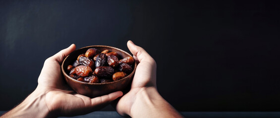 A Muslim man holds out bowl of dates. Traditional distribution of food charity for the events Ramadan Kareem, Mubarak, Eid-al-adha Generative AI