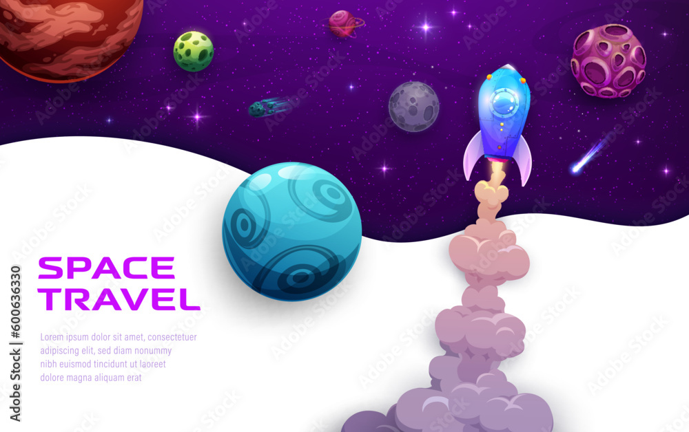 Poster Space landing page. Fast start rocket launch and space landscape vector background for astronomy science project and business startup website template. Galaxy planets, rocketchip, star and asteroids