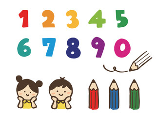かわいい手書きの数字と鉛筆と子供達セット／手描きイラスト素材
