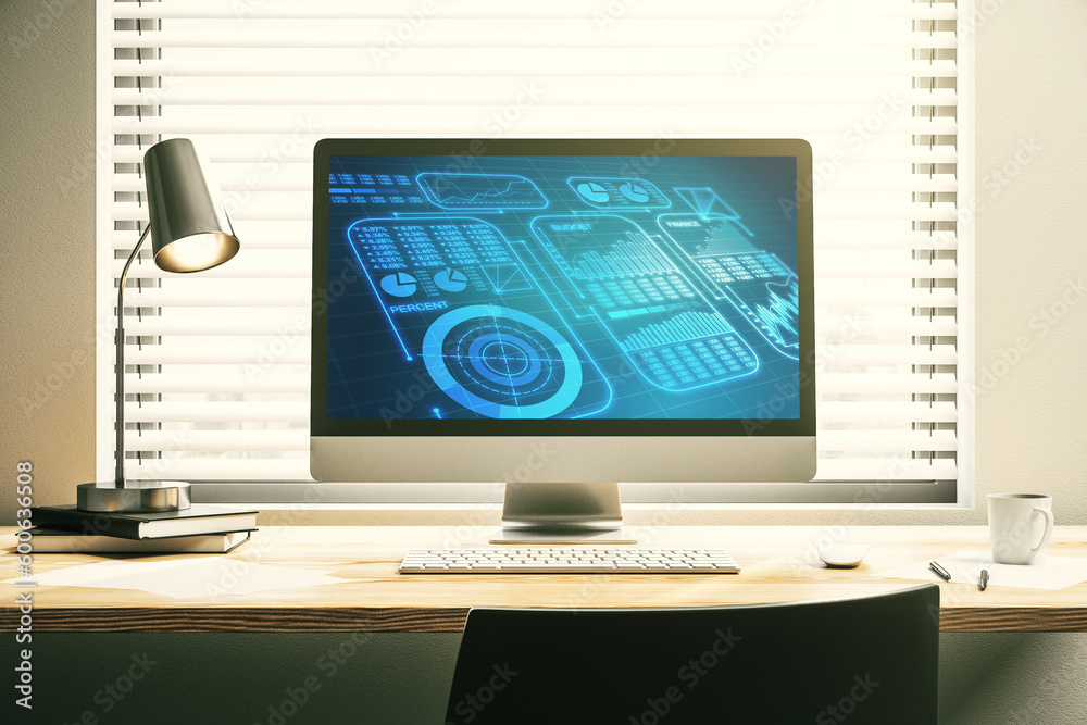 Aufkleber computer monitor with abstract creative analytics data spreadsheet, analytics and analysis concept. 
