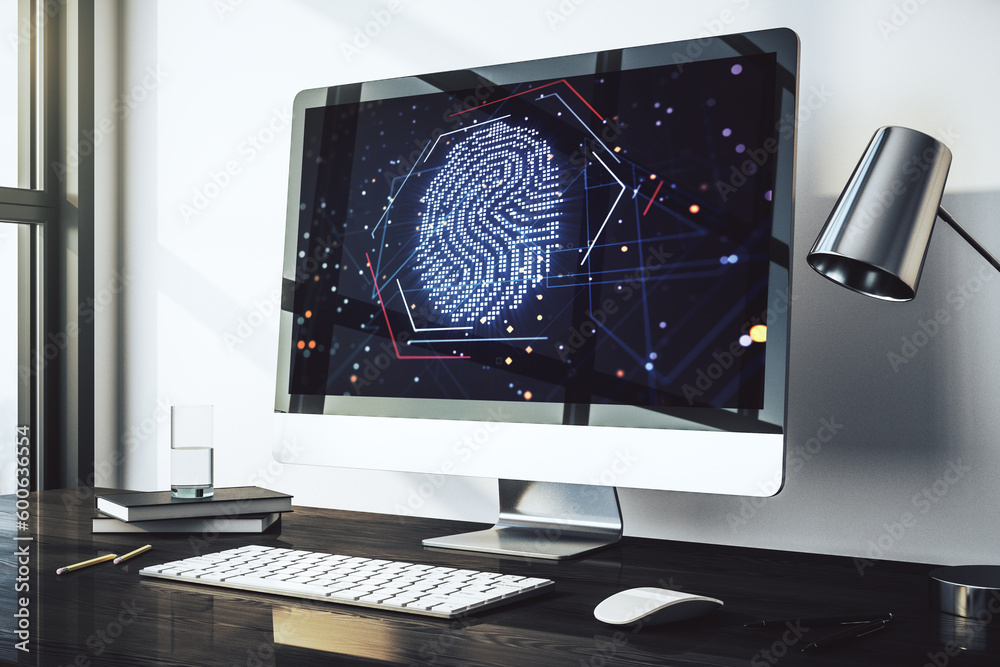 Poster Abstract creative fingerprint concept on modern laptop screen. 3D Rendering