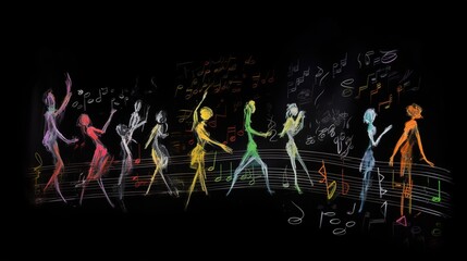  a group of people that are standing in the dark with musical notes.  generative ai