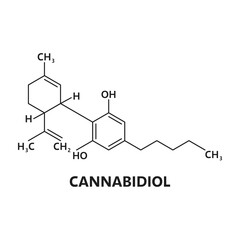 Canabidiol cannabinoid molecule. Weed psychoactive compound molecule science scheme, medical drug molecular structure education symbol or marijuana cannabinoid narcotic chemistry atomic vector formula