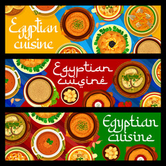Egyptian cuisine meals banners. Harira Ramadan and Balik corbasi soup, Kawareh bi hummus, Ab Ghooshte Fasl and Marka soups, Zaalouk eggplant salad, Imjadra lentil soup and Bissara beans, Kesra bread
