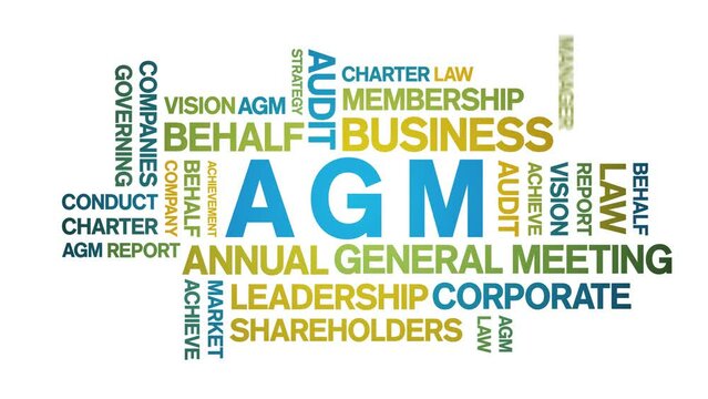 AGM - Annual General Meeting acronym animated tag word cloud;text design animation kinetic typography seamless loop.