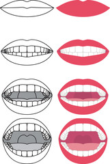 口と歯の開閉のモノクロとカラーのイラスト - obrazy, fototapety, plakaty