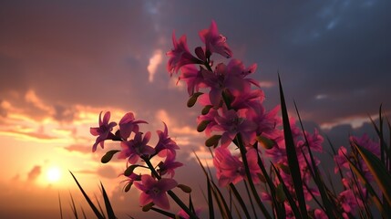  a bunch of pink flowers are in the grass at sunset.  generative ai
