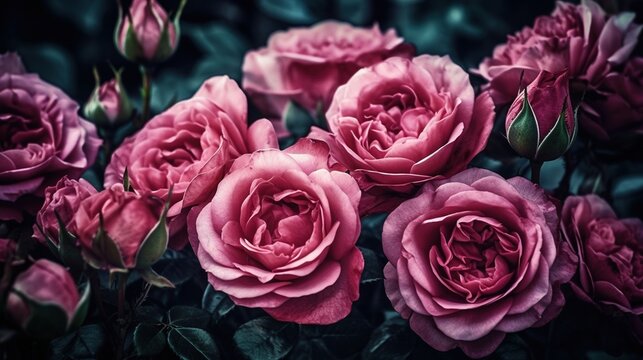 a bunch of pink roses with leaves on a black background.  generative ai