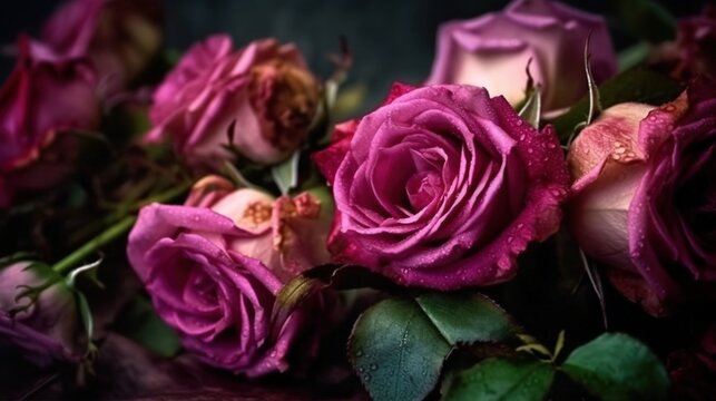  a bunch of pink roses with green leaves on a table.  generative ai