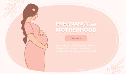 Banner of pregnancy and motherhood with place for text. Happy pregnant woman, obstetrics and motherhood support. Vector flat cartoon landing page template.