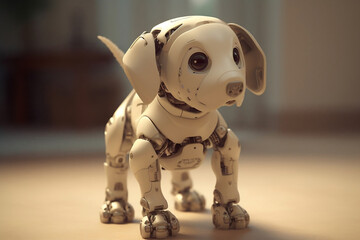 Technological robotic puppy gadget standing on the floor of the flat. White happy little dog robot pet. Futuristic pet assistant powered by artificial intelligence. Innovation high tech. Generative AI