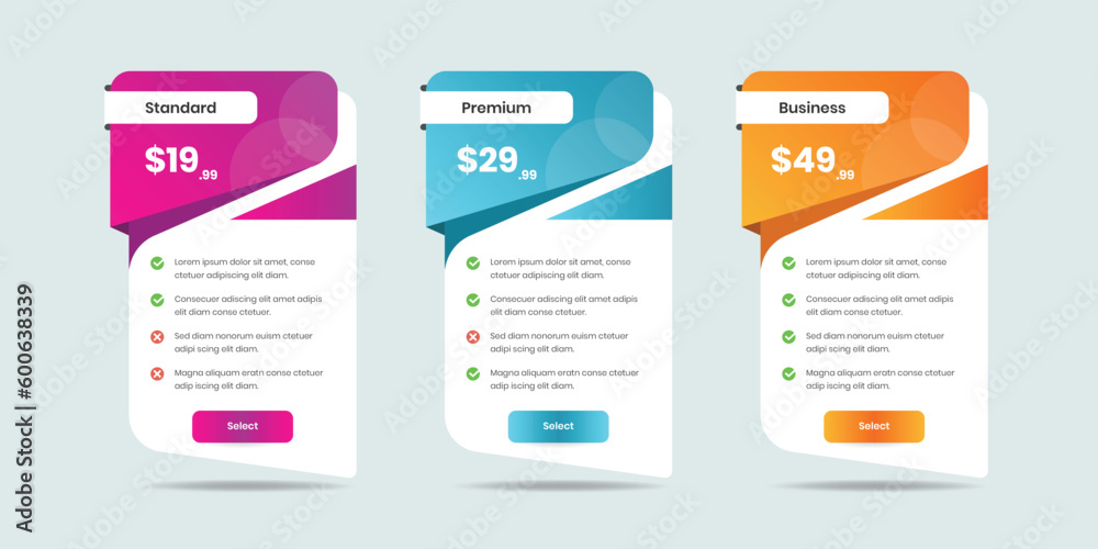 Wall mural abstractly designed pricing comparison table with gradient for business subscription