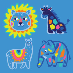 Set of cute funny cartoon animal characters lion, giraffe, llama and elephant. Scandinavian style, flat design.