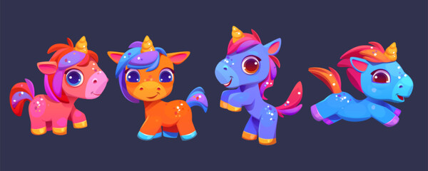 Cute unicorns, baby pony characters in different poses. Funny magic little horses with golden horn and rainbow mane, vector cartoon illustration isolated on background