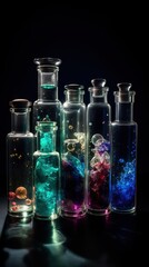  a group of glass bottles filled with different colored liquids.  generative ai