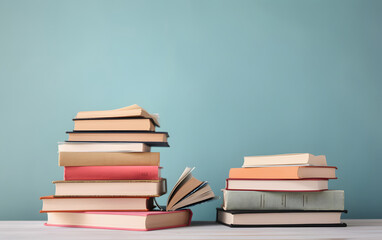 Stack of books isolated on blue background with copy space