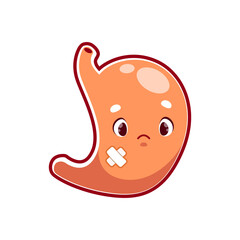 Cartoon sick stomach organ character, vector human anatomy. Cute stomach personage with sad face and bandage. Injured unhealthy organ of digestive system, gastritis, ulcer or cancer disease emoticon